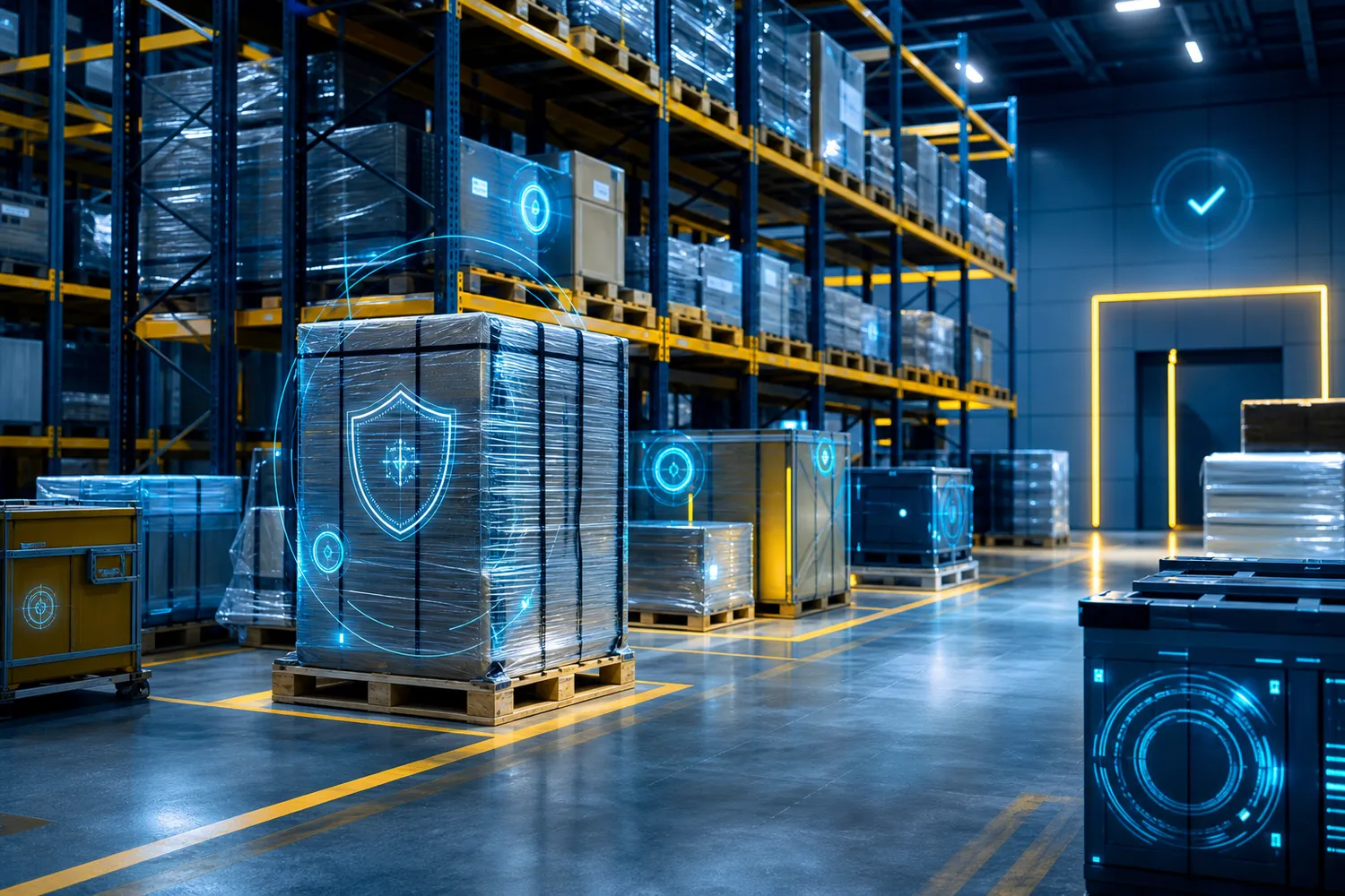 Almacén logístico moderno con mercancía embalada para transporte seguro