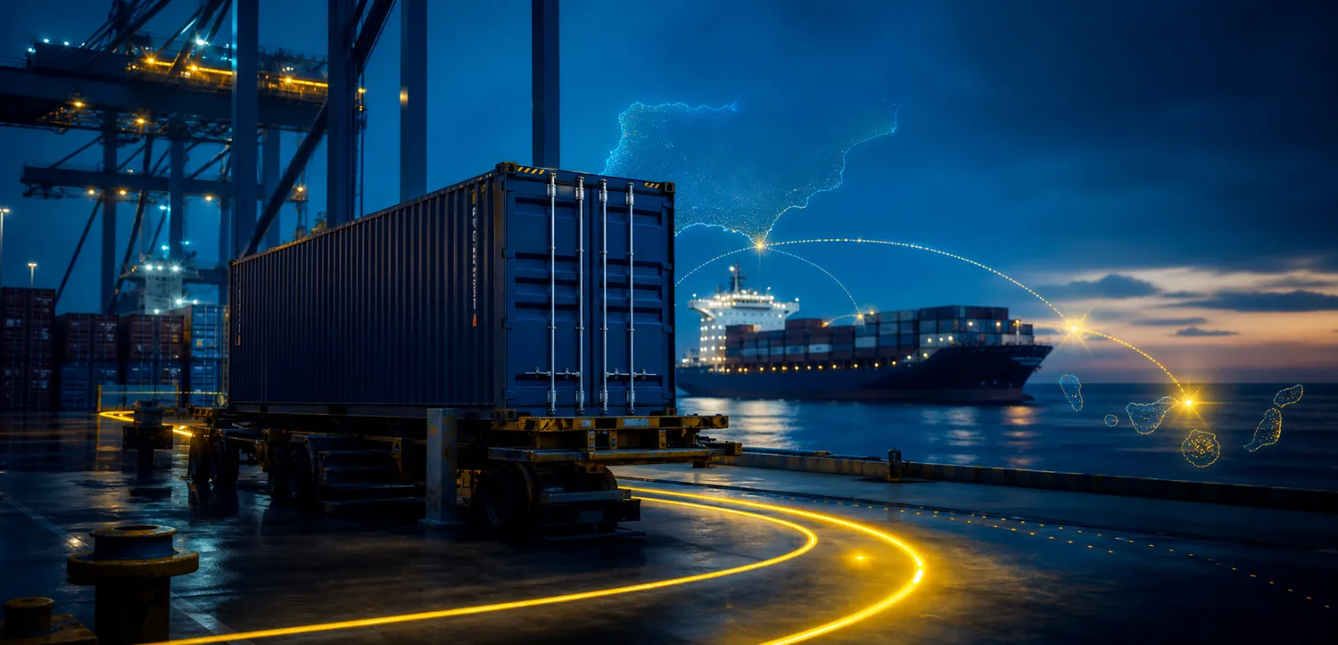 Contenedores y transporte marítimo con iluminación azul y amarilla